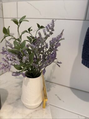 Decorative Lavender Stem Arrangement in White Ceramic Vase
